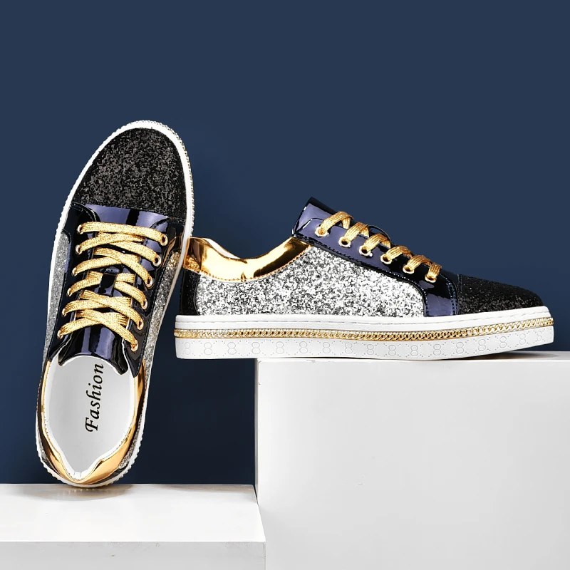 

2021 New Summer Hot Fashion Golden Shining Brand Shoes Spring Zipper Slip-on Flash Black Design Casual Sneakers Man
