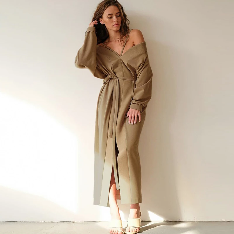 

Трикотажные женские платья, Осенние повседневные платья без бретелек, костюмы, удобный свитер, юбка, платья с высоким разрезом на шнуровке, ...