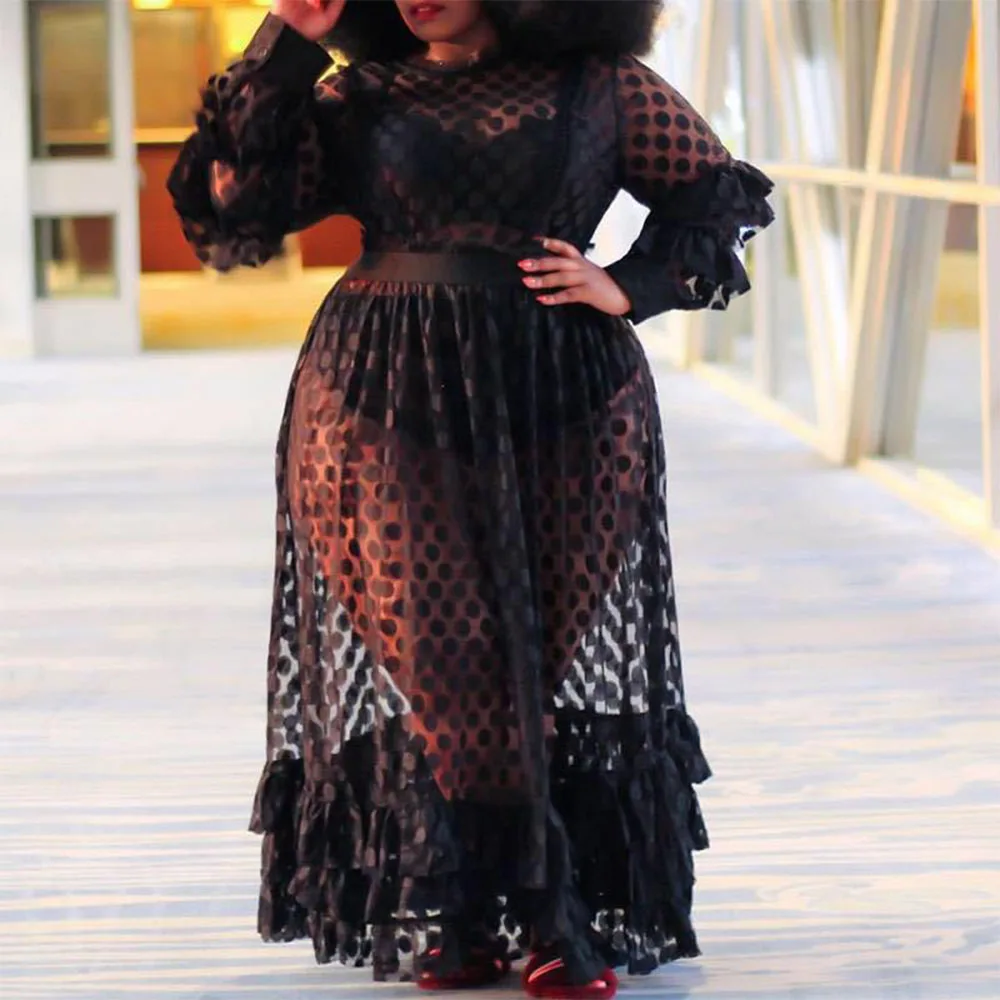 

Womens Transparent Black Mesh Stretch High Waist Sexy Long Dress Party Club Transparent Elegant Lace XL African Dress XL- 5XL