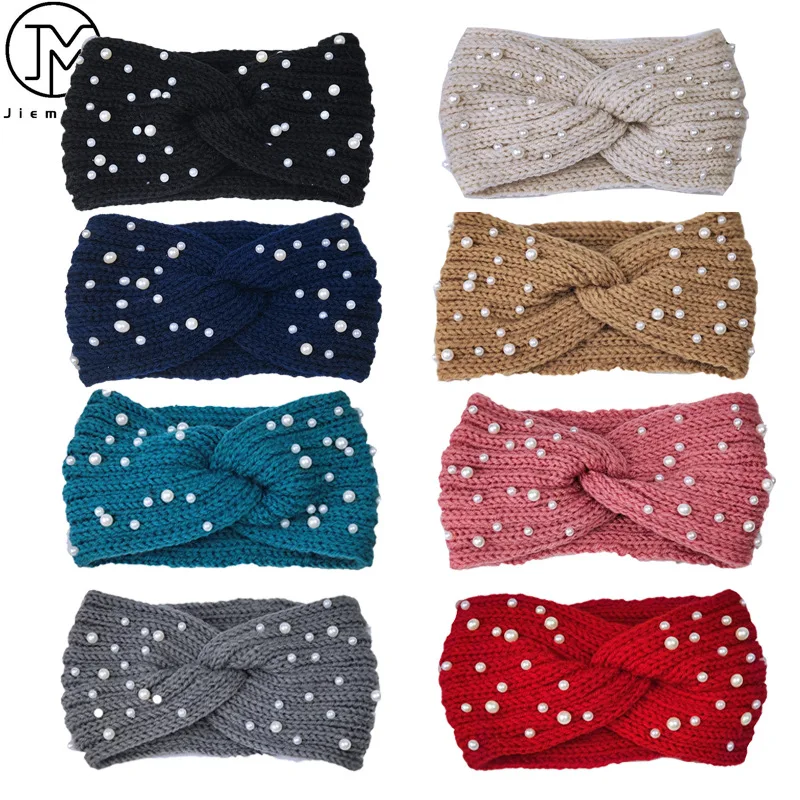 

New Women Pearl Headband Cross Knittinge Wide Hair Band Solid Color Hairband Girls Fashion Hair Accessories FD088