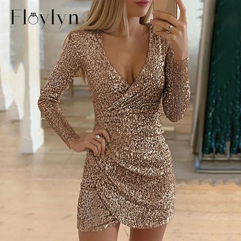 FLOYLYN женское сексуальное облегающее мини платье с блестками v образным вырезом