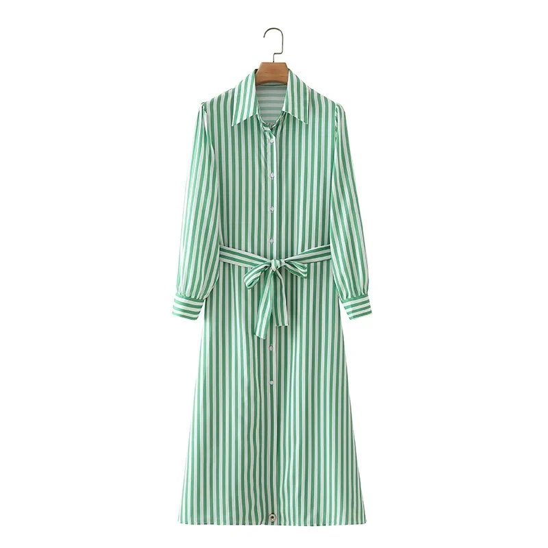 

Hot Sale Women Turndown Collar Sashes Striped Shirt Midi Dress Female Long Sleeve Clothes Leisure Lady Loose Vestido D8096