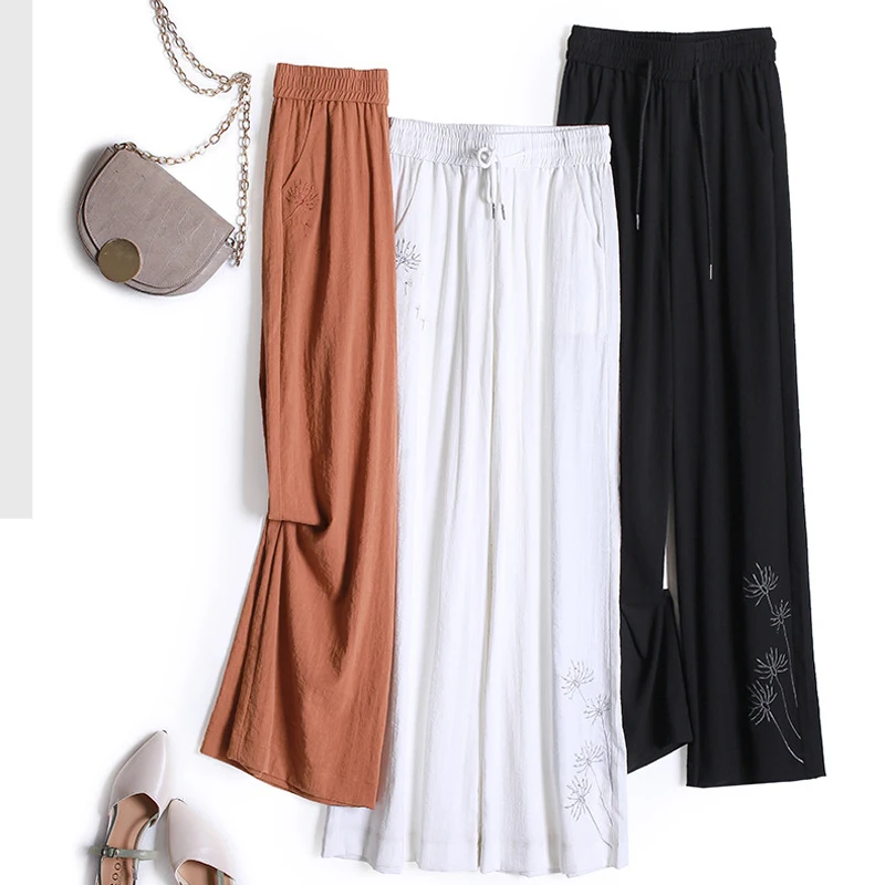 

Linen Large size Wide Leg Pants Drawstring Elastic High Waist Cotton And Linen Women Trousers Summer Long Pants White