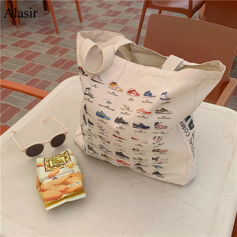 

Alasir Artsy Camera Shoes Canvas Hand Bags Large Capacity Tote Bag Neatly Arranged Print Shopping Bag Canvas Shoulder Bag