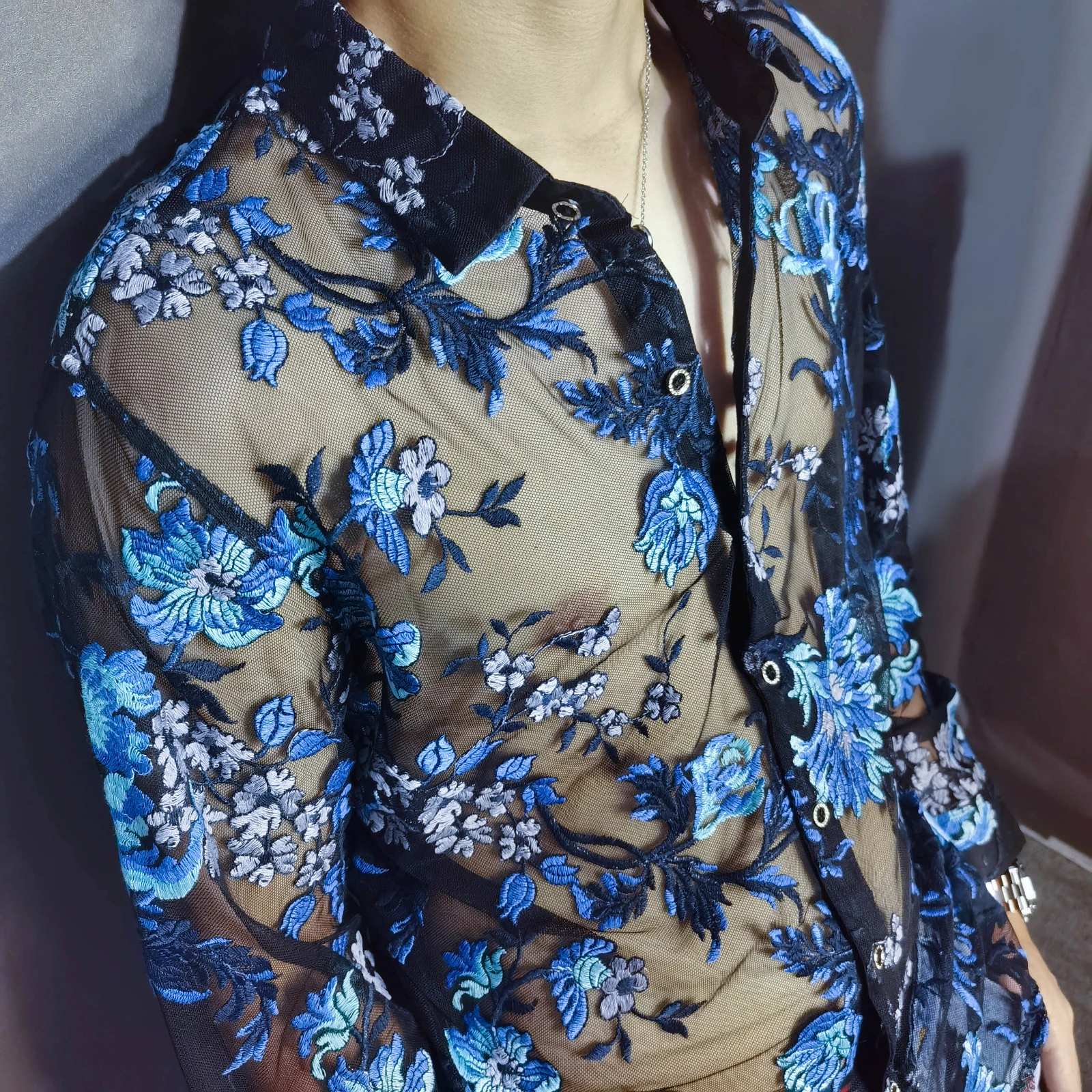 Мужская прозрачная сетчатая рубашка Chemise Homme роскошная Прозрачная Клубная с