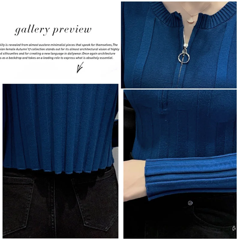 

Casual Round Neck Front Zipper Knitted Sweater Women Solid Basic Cropped Pullover Winter Spring Fashion Clothing Streetwear Tops