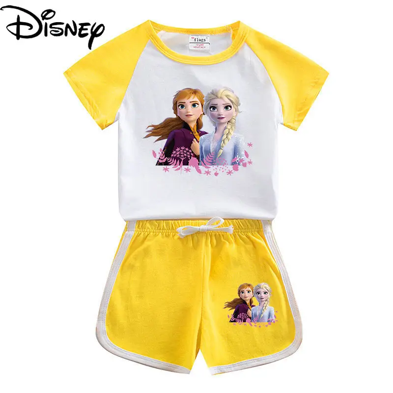 

Disney Fashion Summer New 2021 Cute Cartoon Anime Printed Sports Short Sleeve Sweet Cotton Children's Two-piece Set