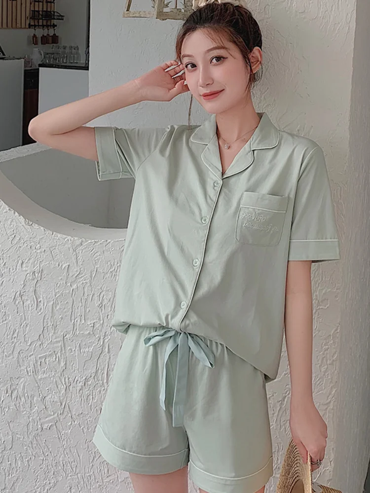 

Ladies Short-sleeve Shorts Pajamas Set Solid Color Women Pajama Set with Embroidery Home Clothes Two-piece Suit Sleep Wear Pjs