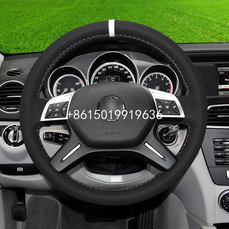 

Black Suede White Thread Hand Sewing Wrap Car Steering Wheel Cover For Mercedes-Benz C Class