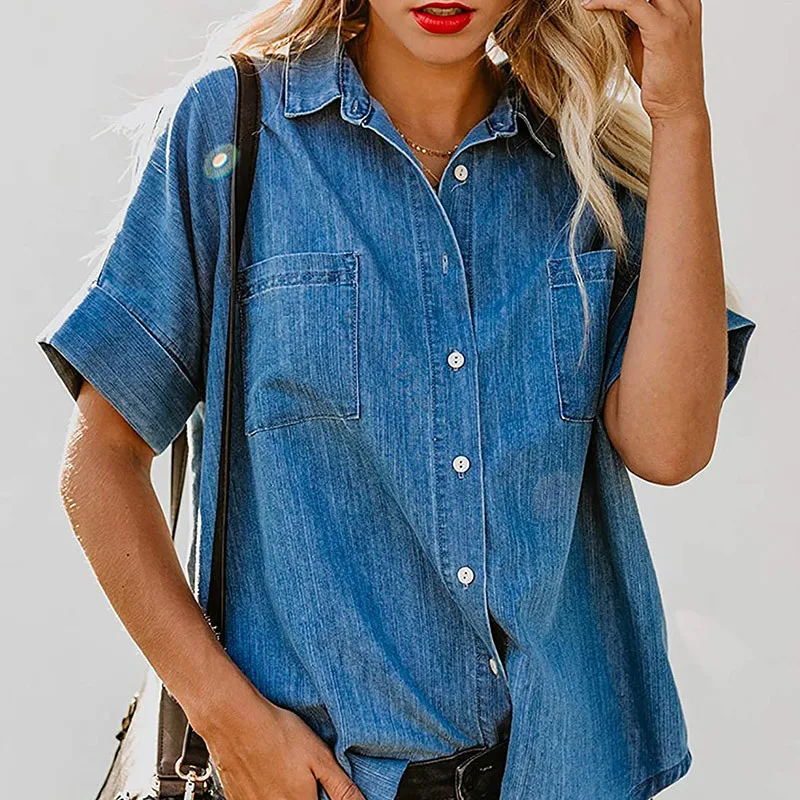 

Women's Short Sleeved Straight Denim Shirt Loose European And American Plus Size Blouse Shirts For Women Ѭђбаки женские