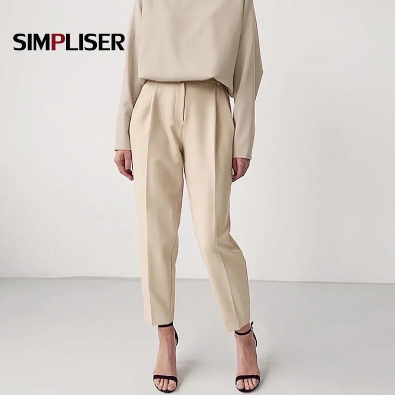 Женские брюки с завышенной талией офисные Костюмные цвета хаки коричневые для