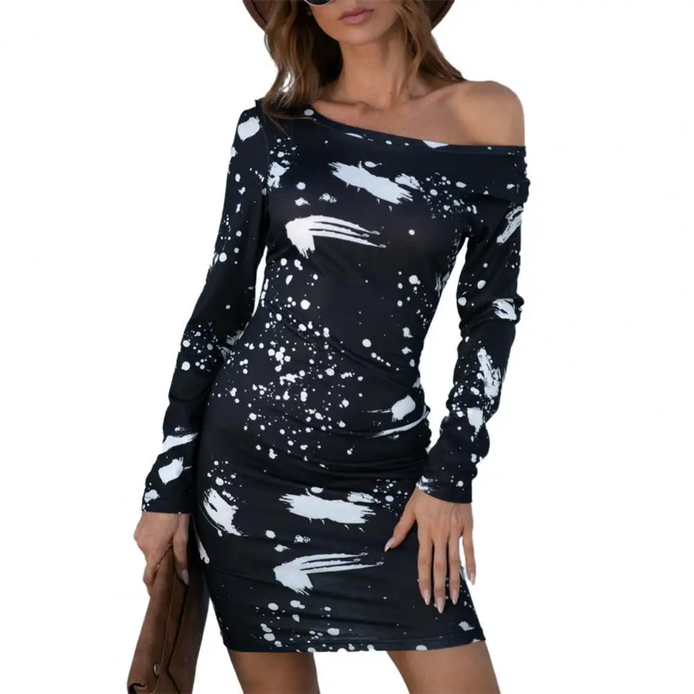 

Mini Dress Splash Ink Print Off Shoulder Spring Autumn Long Sleeve Slash Neck Bodycon Dress Streetwear Casual Women's Clothing