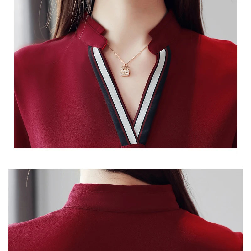 Blusas Mujer, новинка, пуловер со стоячим воротником, блузка, женские топы, шифон, для офиса, леди, длинный рукав, белая, красная, женская блузка, рубашка, 6469 50