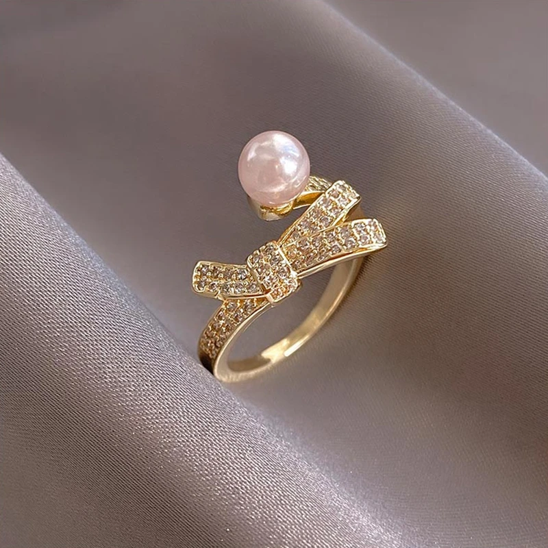

MENGJIQIAO Korean Delicate Zircon Flower Plant Open Adjustable Rings For Women Girls Elegant Pearl Finger Knuckle Ring Jewelry