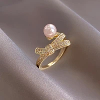mengjiqiao korean delicate zircon flower plant open adjustable rings for women girls elegant pearl finger knuckle ring jewelry