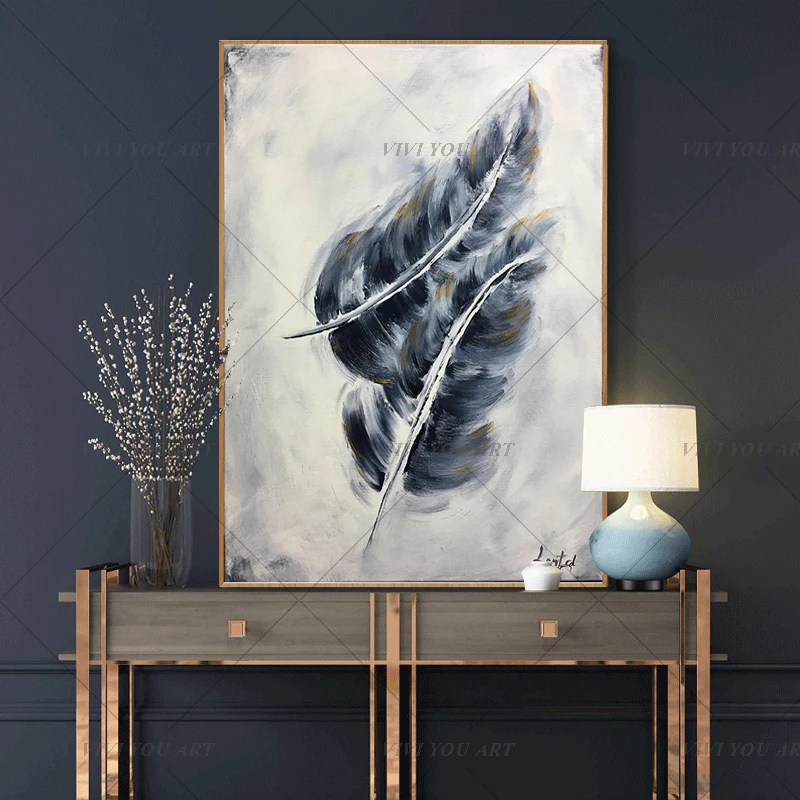 

Black feather modern abstract canvas Handmade painting home living room bedroom decoration wall painting works