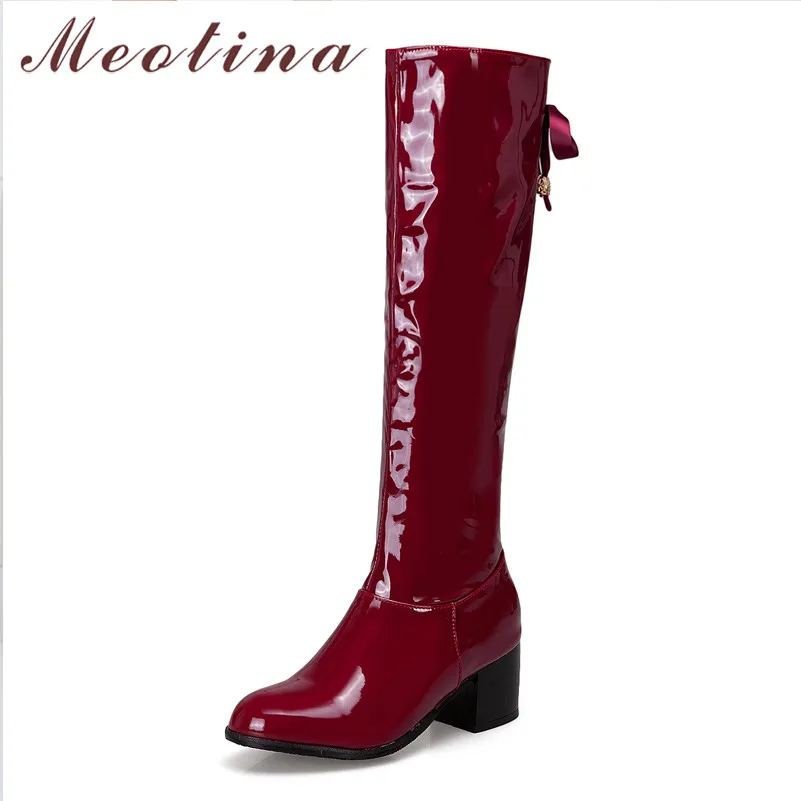 

Meotina Winter Knee High Boots Women Patent Leather Thick High Heels Long Boots Zipper Round Toe Shoes Lady Fall Plus Size 33-46