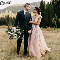 pink bohemial a line wedding dresses cap sleeve backless bead bridal dress sweep train tulle country robe de mariee 2021