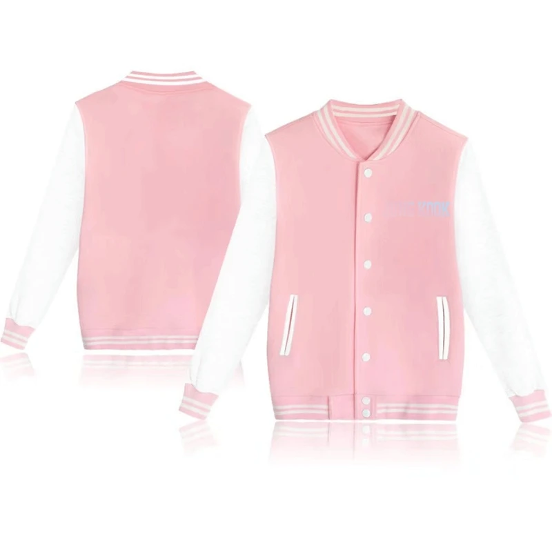 

Baseball Uniform Jacket Patchwork Men Autumn And Winter Pink Letter Print Jung Kook Korean Couples Harajuku Style Bangtan Boys