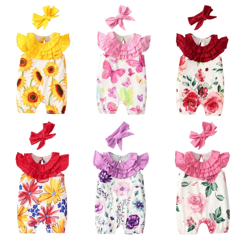 

Summer Toddler Baby GIrl Floral Print Romper Set Newborn Ruffle Collar Short Sleeve Bodysuit Hairband Oufits