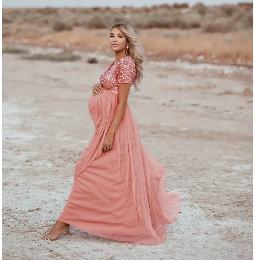

Formal Women Pregnants Maternity Photography Props Short Sleeve Sequined Solid Dress Lace Elegant Fashion maternity dresses