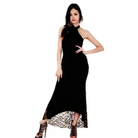 wonder beauty lace black dress halter sleeveless long maxi party dress