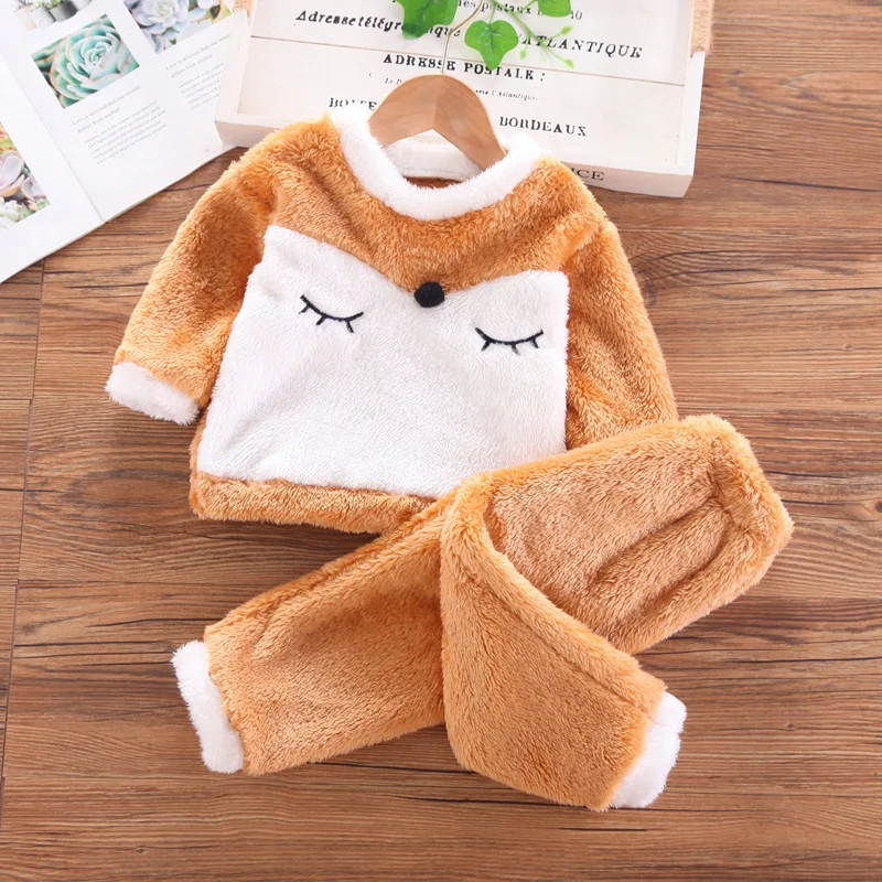 

Children Pajamas Winter Fox Pattern Clothes Set Double-sided Velvet Boys Girls for Baby Warm Two-piece Sets
