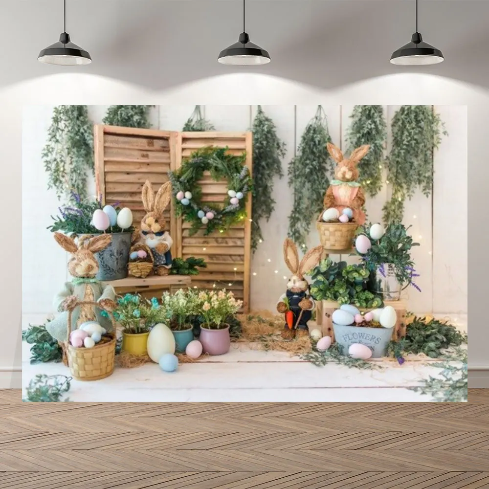 

Thin Vinyl Easter Rabbit Wood Flowers Eggs Children Photo Spring Backdrops Printed professional Photographic Studio Background