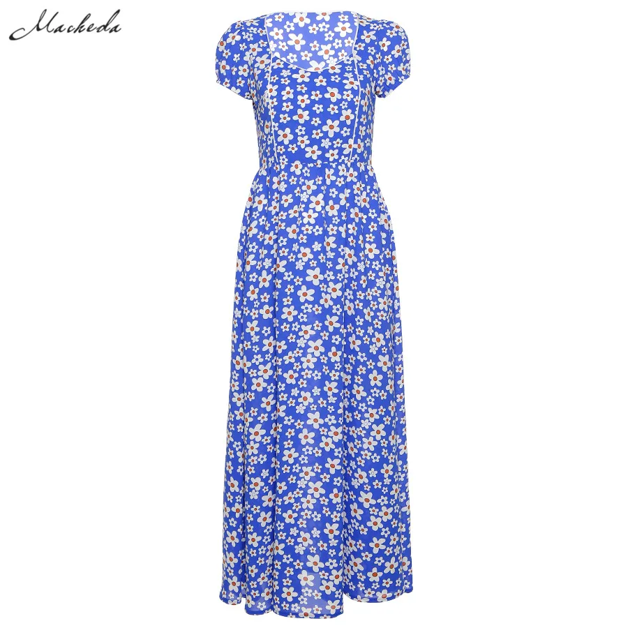 

Macheda Summer Fashion Printing Dress Women Sexy High Split Short Sleeve V Neck Clothing Lady Casual Long Dresses 2021 New