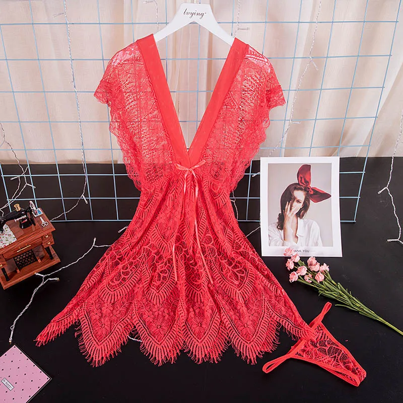 Watermelon red Женская пижама, пижамы женские домашняя одежда ночнушка сексуальное кружевное Ночное платье, женское нижнее белье, v-образный вырез, ночная рубашка, свободная Ночная сорочка, прозрачная ночная сорочка, Детская кукла - Цвет: Watermelon red