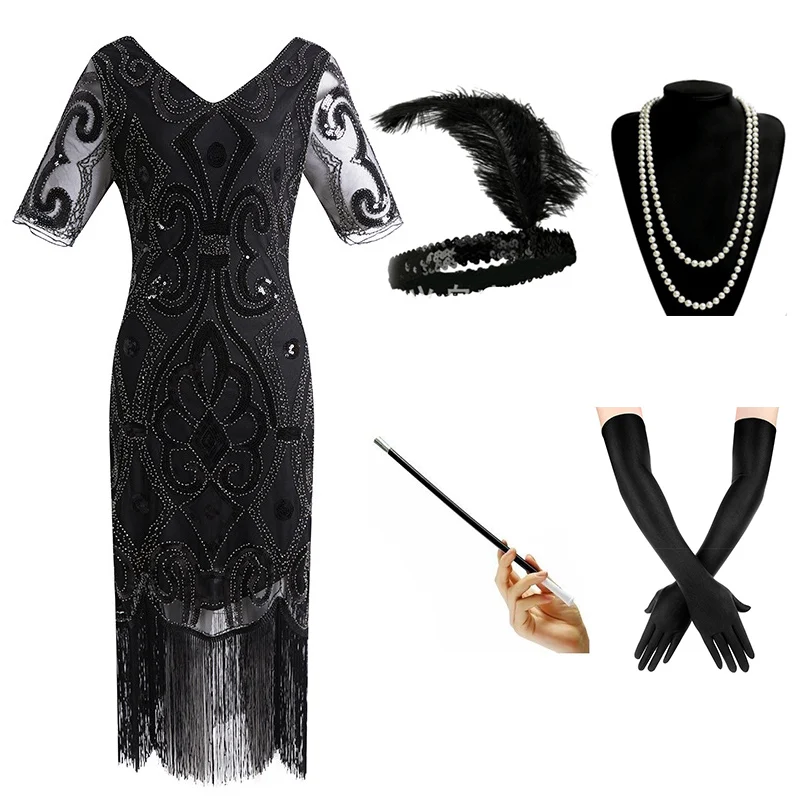 Black Silver Set 1920s платье Гэтсби с Блестками, Бисером, бахромой и Пейсли, винтажное платье, v-образный вырез, 20 s, вечерние аксессуары - Цвет: Black Silver Set