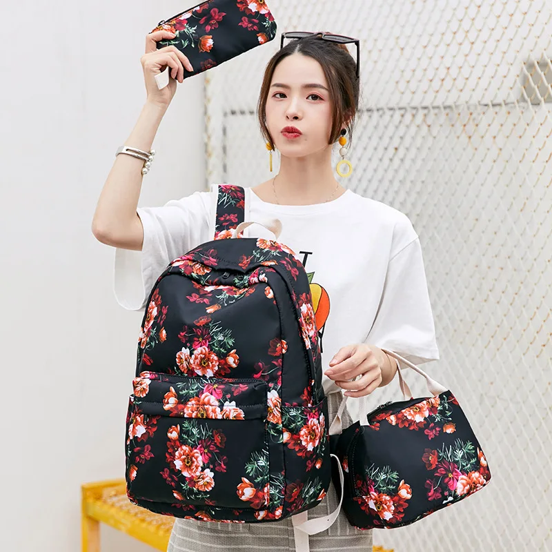 

Quality Girls School Backpack School Bag Set Chinese Style Pen Pencil Bag Floral Print Laptop Backpacks For Children Bookbag