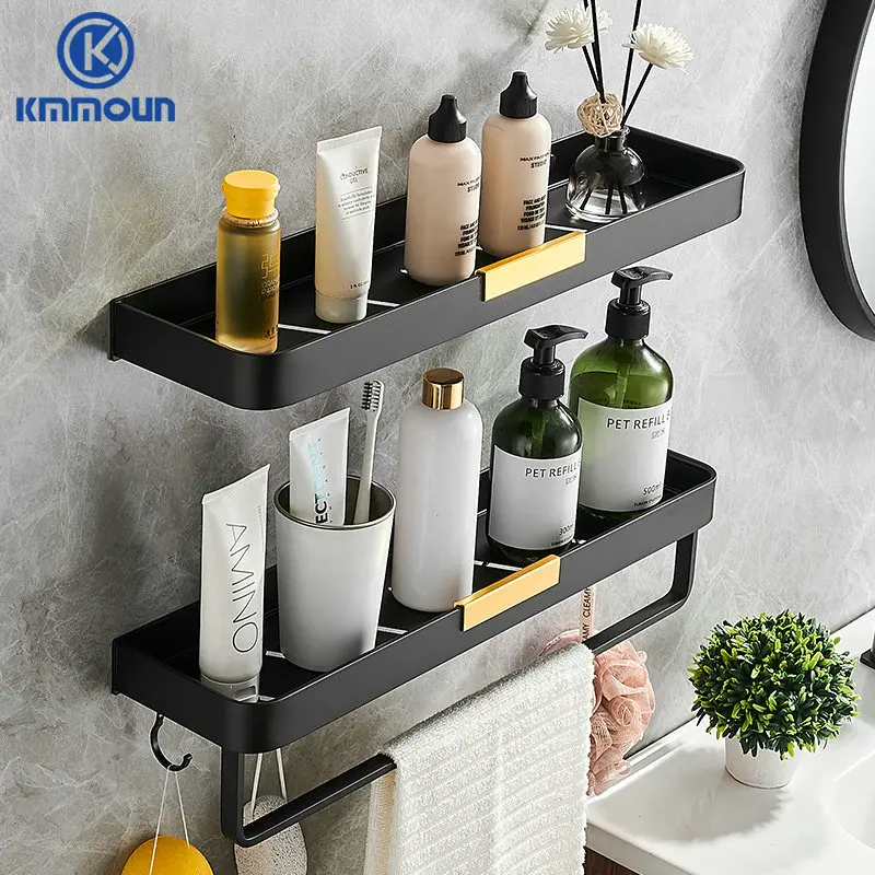 

Black With Gold Bathroom Shelf Wall Mounted Aluminum Shower Room Shampoo Shelf Kitchen Storage Rack Toilet Towel Holder Kmmoun