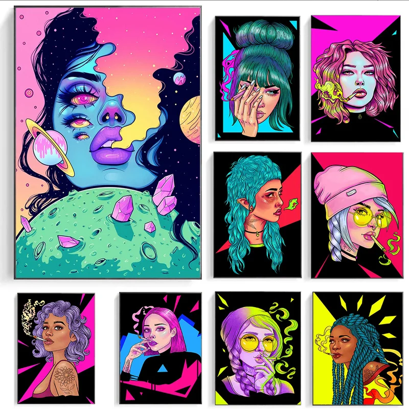 Мультяшная Марихуана курительная девушка цветное Искусство Холст принты