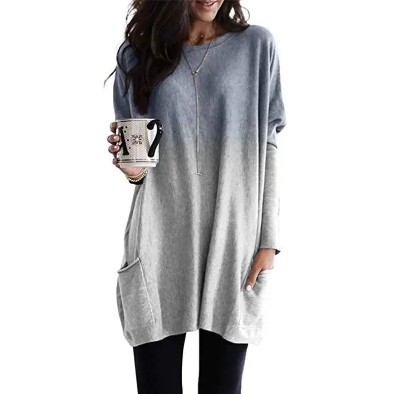 

Gradient Long-Sleeved Casual Pocket T-shirt Top Women's O Neck Tops