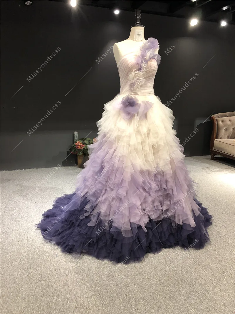 2021 Vestidos De Noite Real Sample Gradient Purple One Shoulder Sleeveless A-line Floor-Length Formal Prom Party Evening Dresses