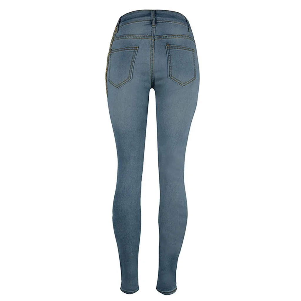 2019 женские модные рваные светильник облегающие джинсовые брюки с цепочкой и