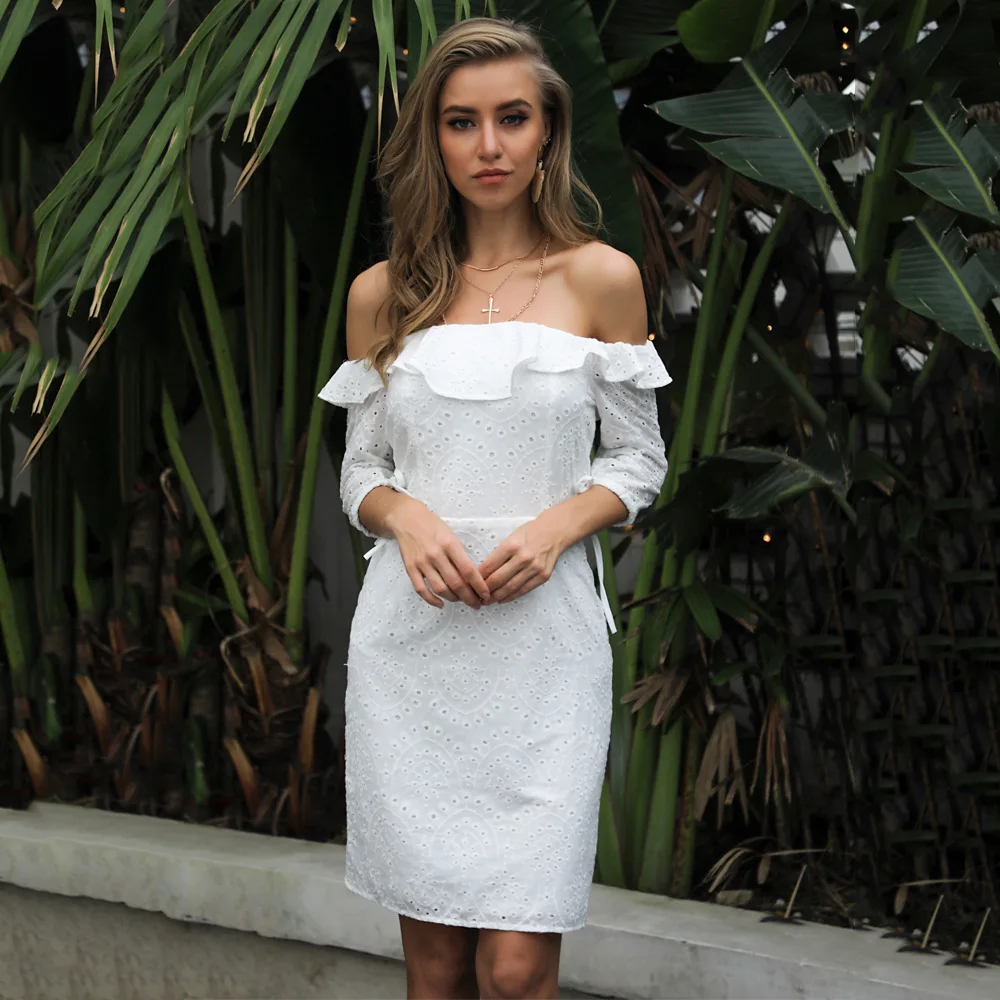 

Donsignet One Shoulder Dress Women New Summer Hollow Out Sexy Strapless Half Sleeve Ruffle Mini Short Dress for Women