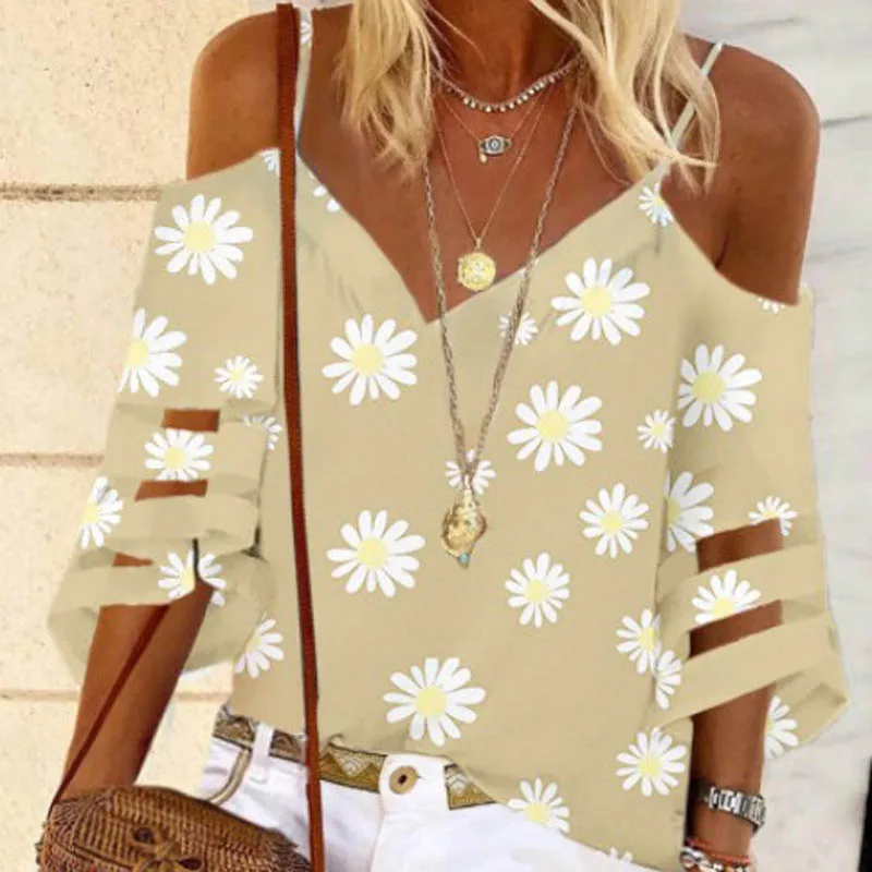 Женская блузка с открытыми плечами V-образным вырезом и рукавом-фонариком