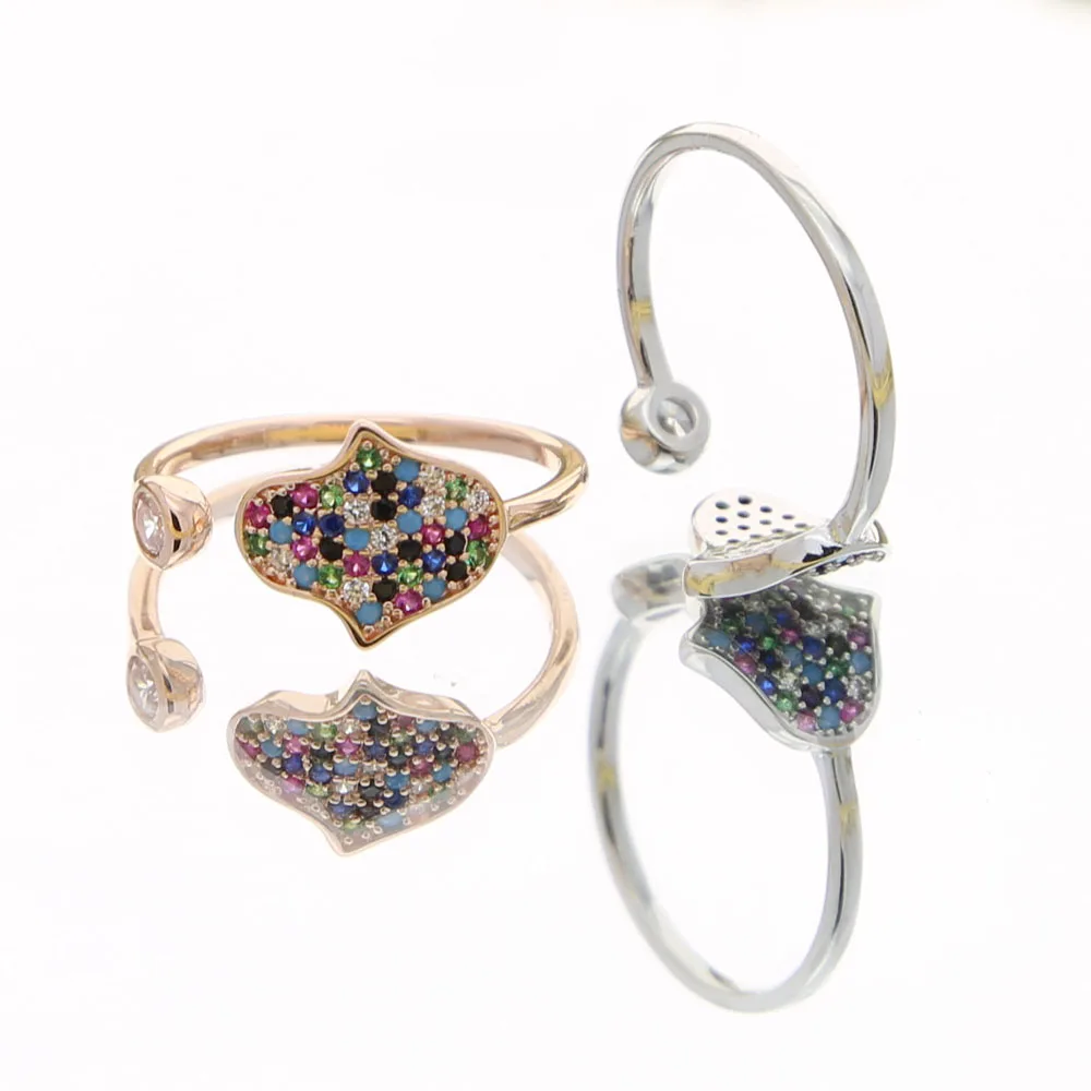 New Arrived Turkish Colorful Rainbow Cubic Zirconia Hamsa Hand Fatimas Charm Band Open Ring For Women Minimal Party Gift Jewelry