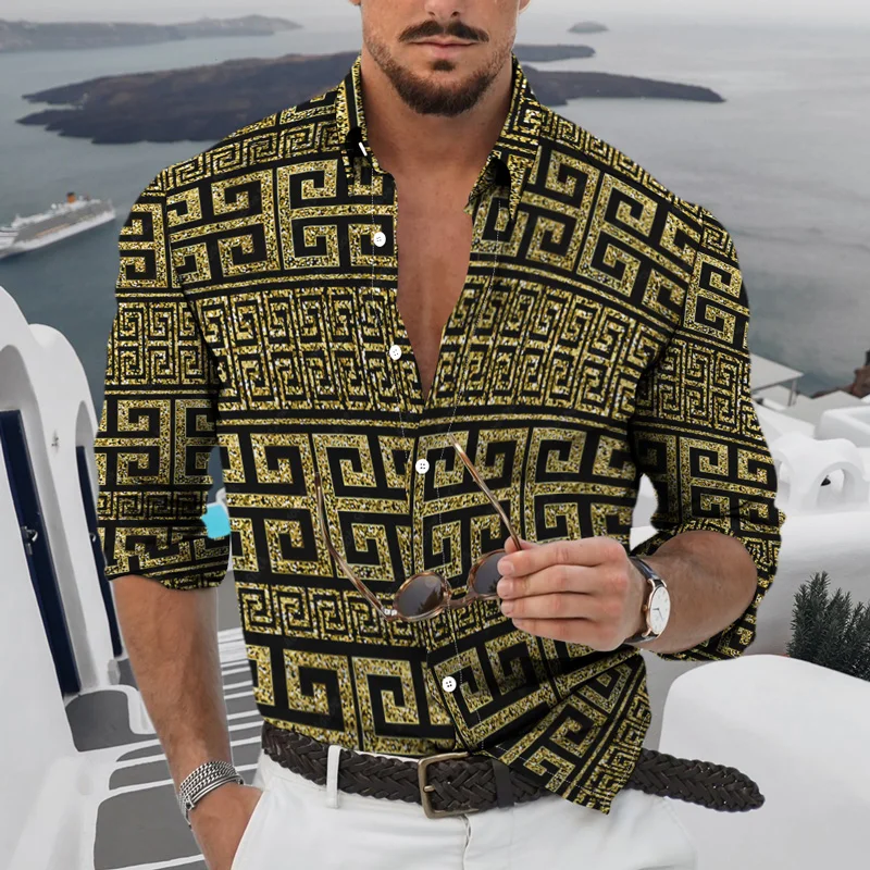 2021 Fall Men's Long Shirt Single-breasted Button Lapel 3D Newest Daily Casual Fashion Young Classic Retro Graphic Theme