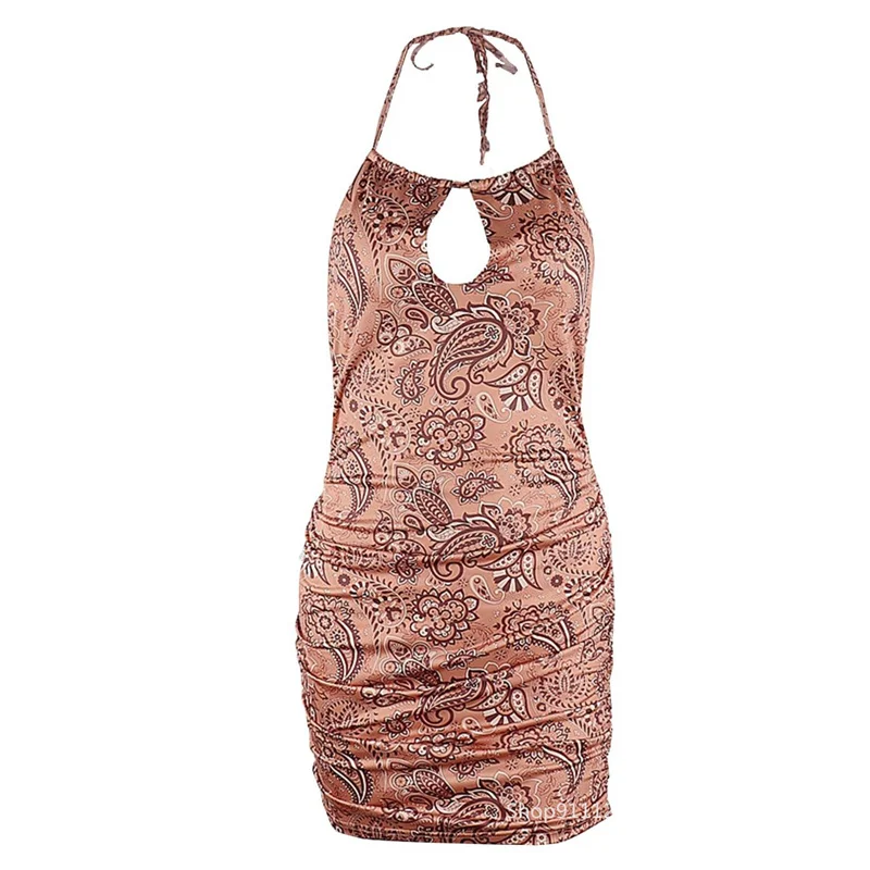 

2021 New European and American Spring Hot Sale Sexy Halter Chest Hollow Retro Print Bag Hip Skirt Dress Women