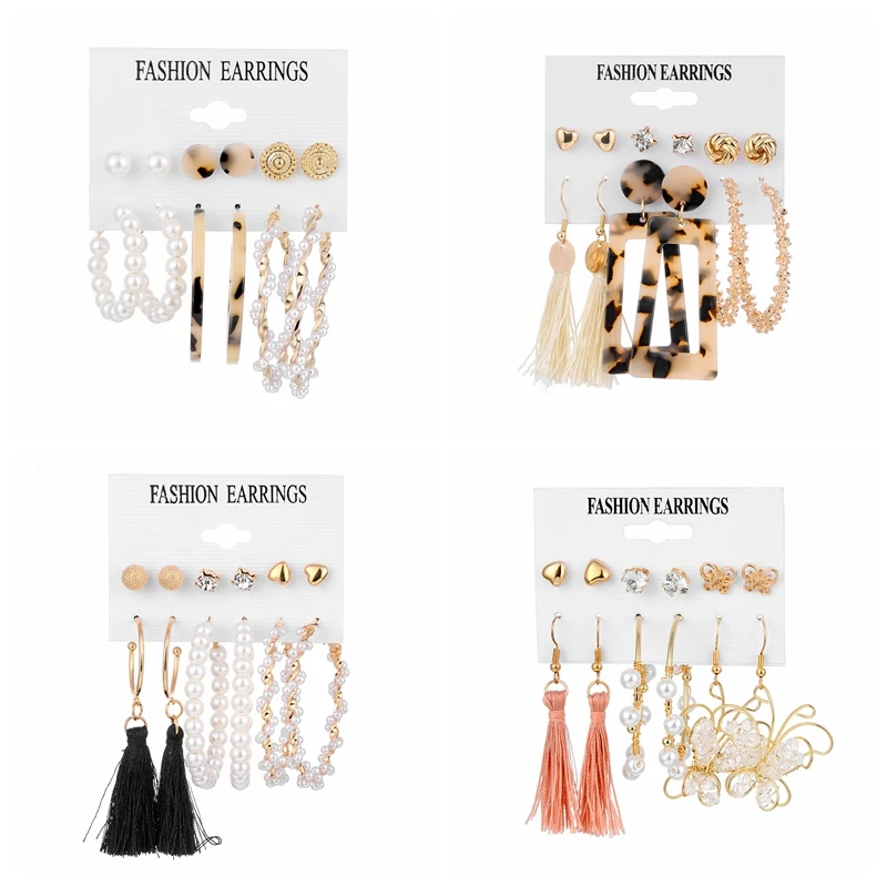

UMKA Vintage Pearl Earrings For Women Big Gold Cross Set of Earrings 2021 Long Tassel Butterfly Dangle Drop Earrings Jewelry
