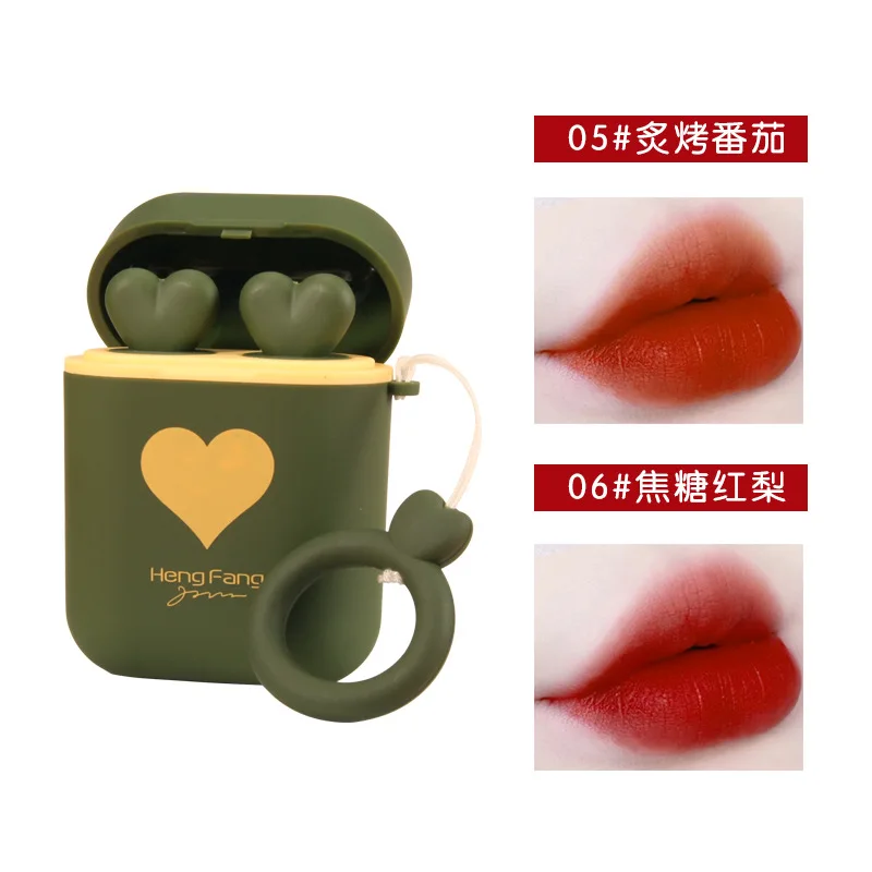 

Girl Heart Double Tube Matte Lipstick Long Lasting Waterproof Velvet Easy To Color Earphone Shell Portable Makeup Cosmetics