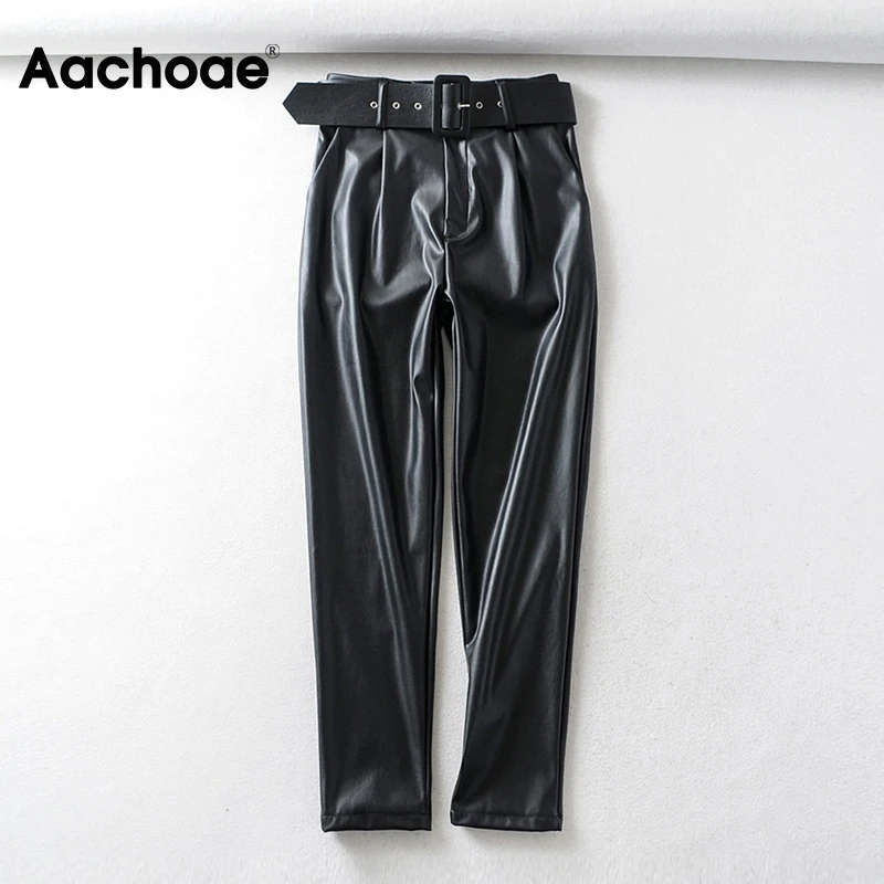 Модные плиссированные брюки Aachoae из искусственной кожи с поясом женская офисная