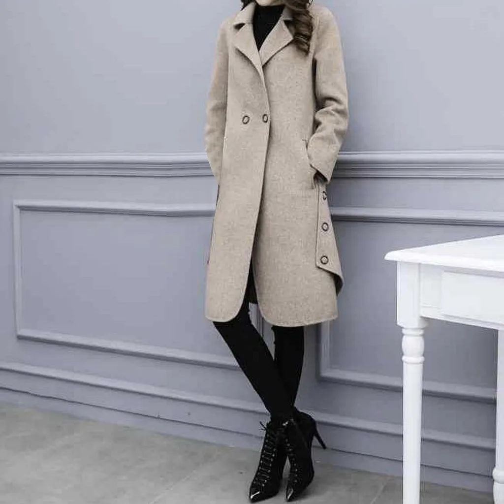 Women Outerwear Overcoat Autumn Winter Jacket New Fashion Long Woolen Coat Women Long Sleeve Slim Solid Female Wool Coats#108