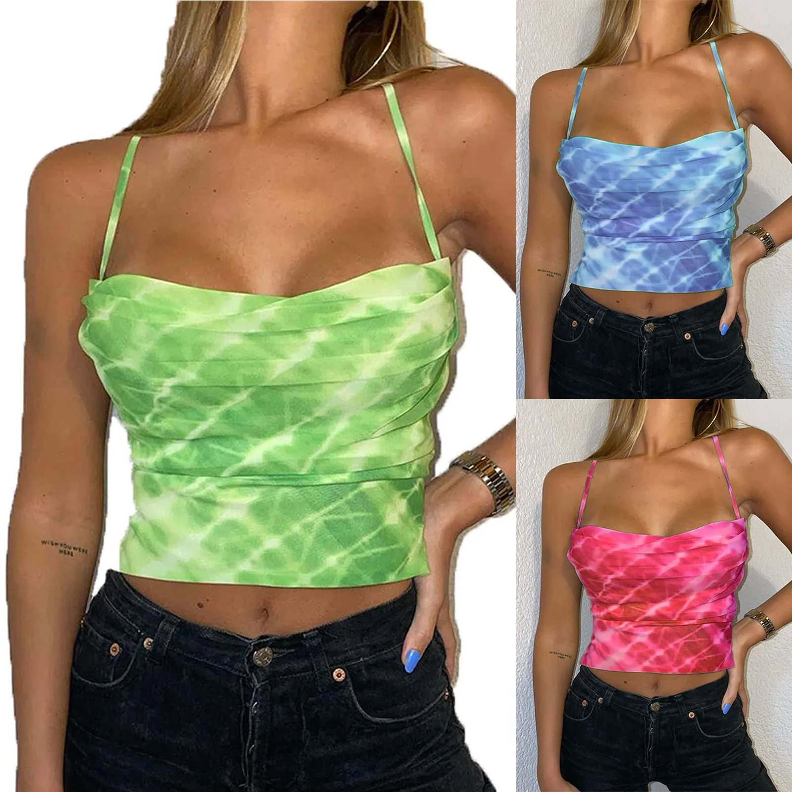 

Tie-dye Halter Sexy Blouse Women Summer Casual Fashion Multicolor Camisole Top Ladies Off Shoulder Top blusas mujer de moda 2021