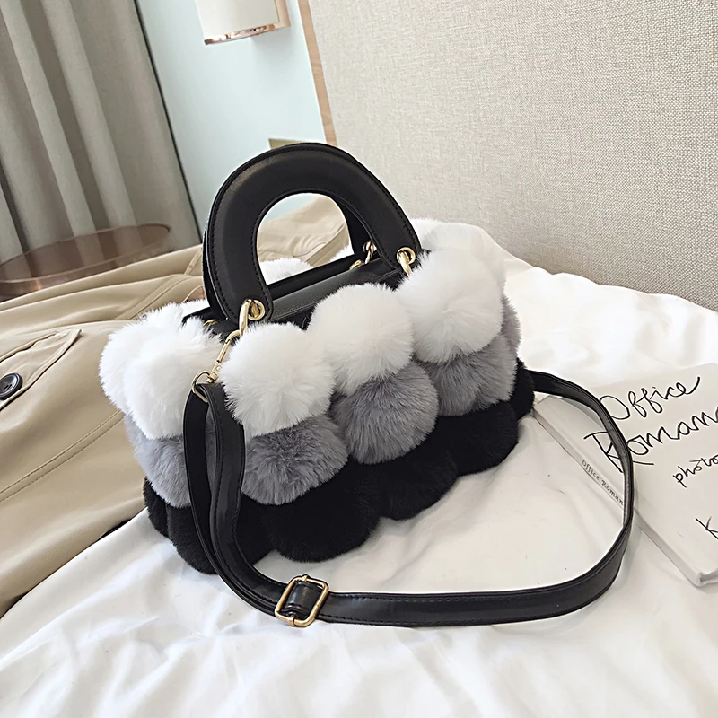 Женская наплечная сумка с меховым помпоном из лисьего меха маленькая квадратная