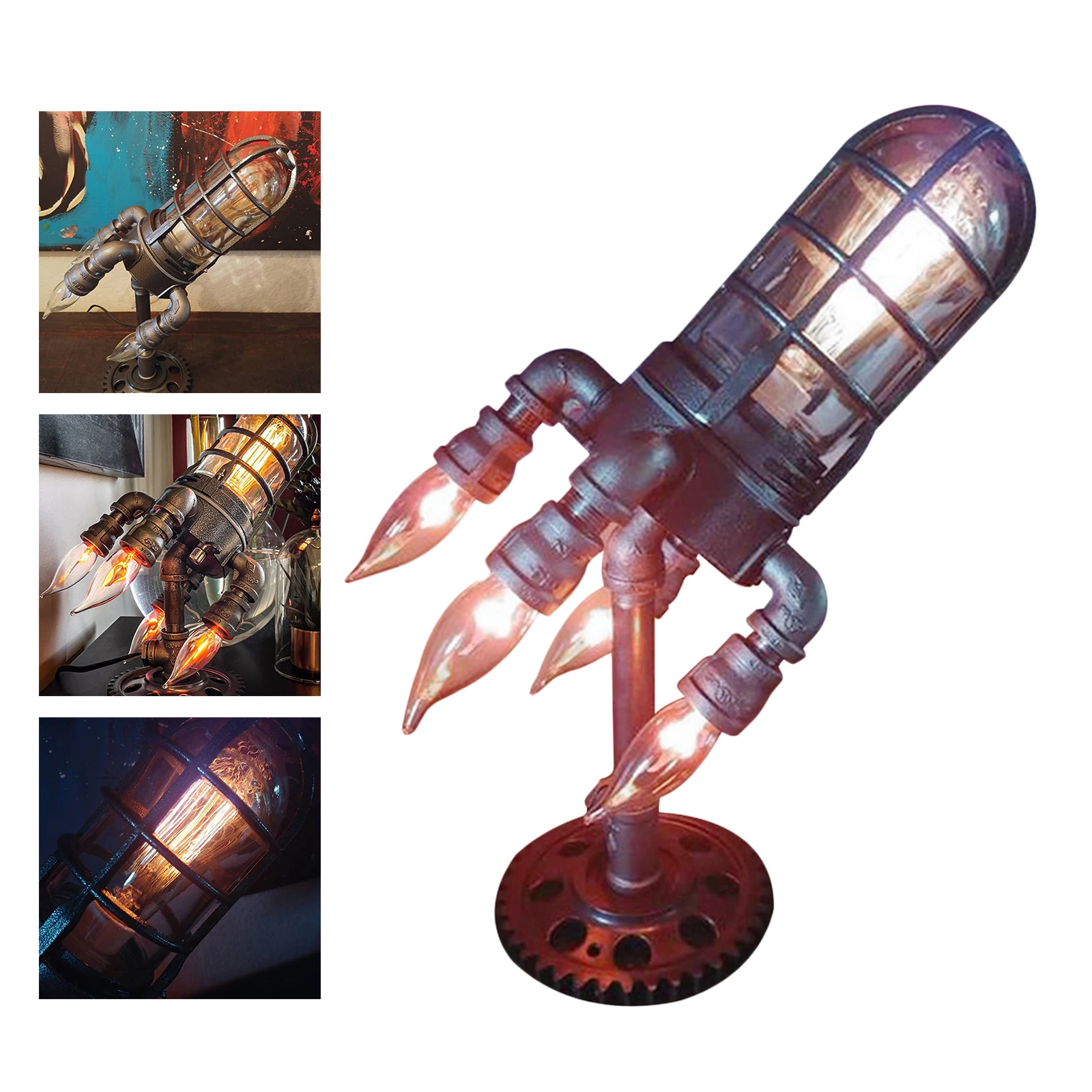 

Creative Steampunk Rocket Night Light Simulated Flame Retro LED Table Lamp Desk Lamp Bedside Living Room Home Bar Ornament