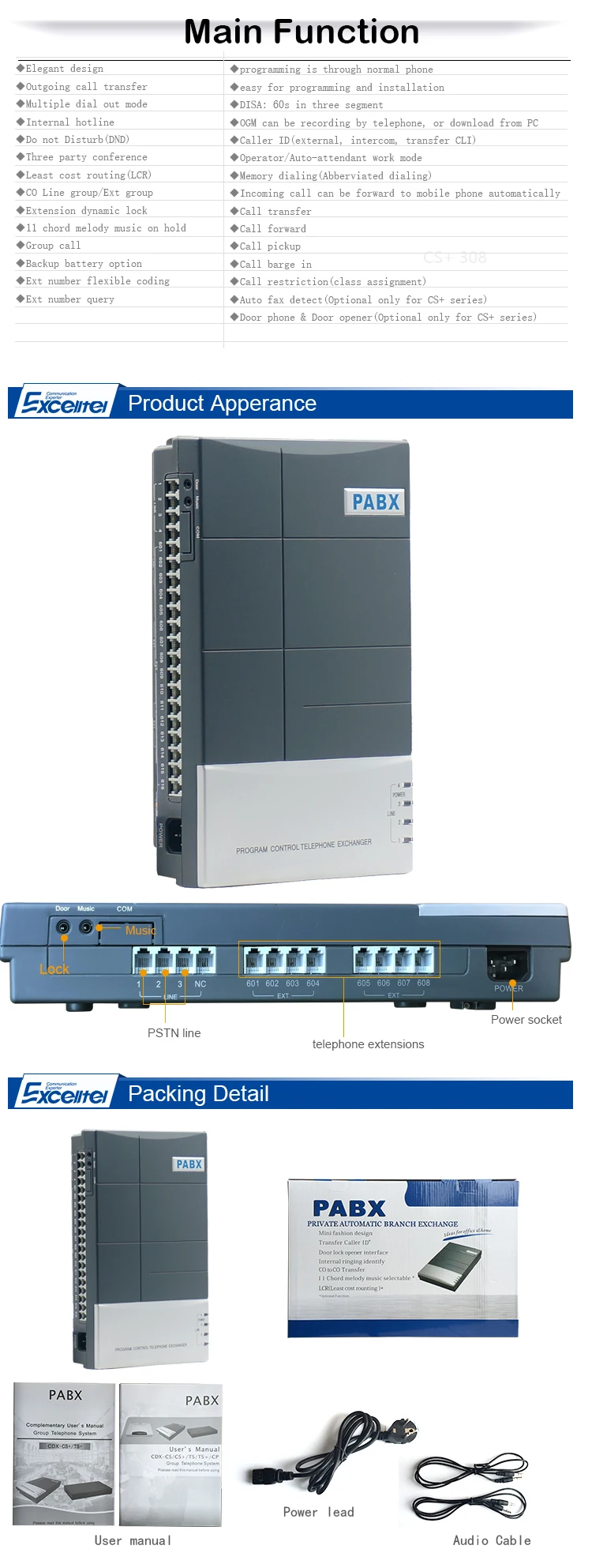 EXCELLTEL экономичная PBX система 16 расширение 4 PSTN PABX для дома и офиса(CS416